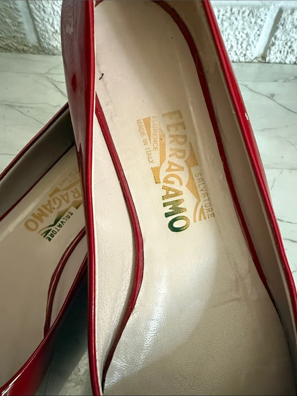 Salvatore Ferragamo Red Patent Leather Buckle Flats with Gold Hardware